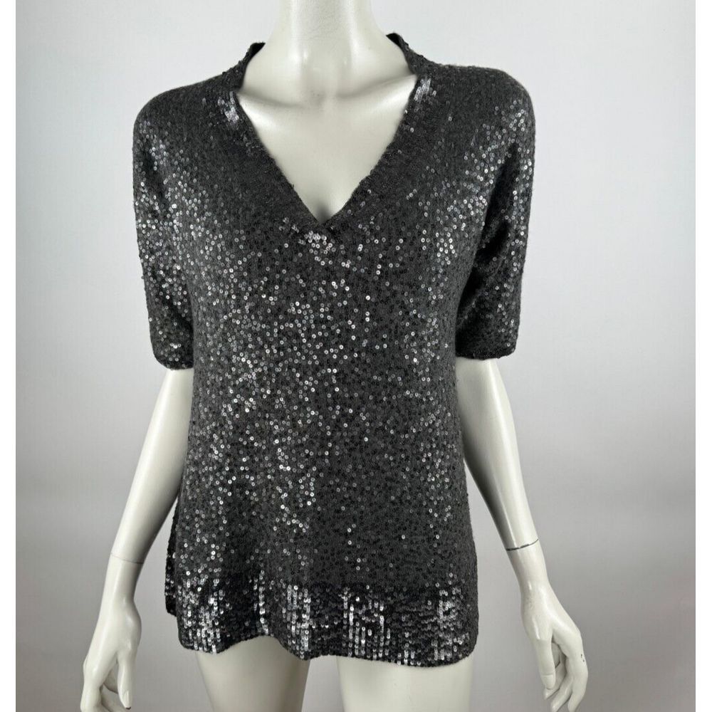 Donna Karan‎ Collection Sequin V-Neck Short Sleeve Knit Top Women M? EUC Stretch